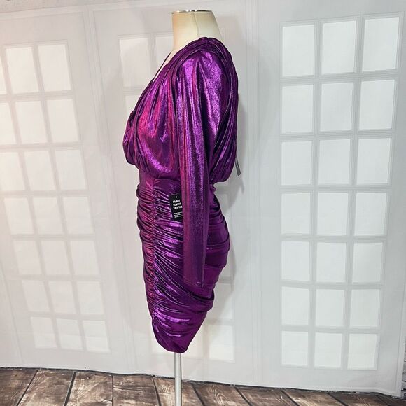 Express NWT Purple Metallic Ruched Long Sleeve Mini Bodycon Dress Size Small - Picture 9 of 12
